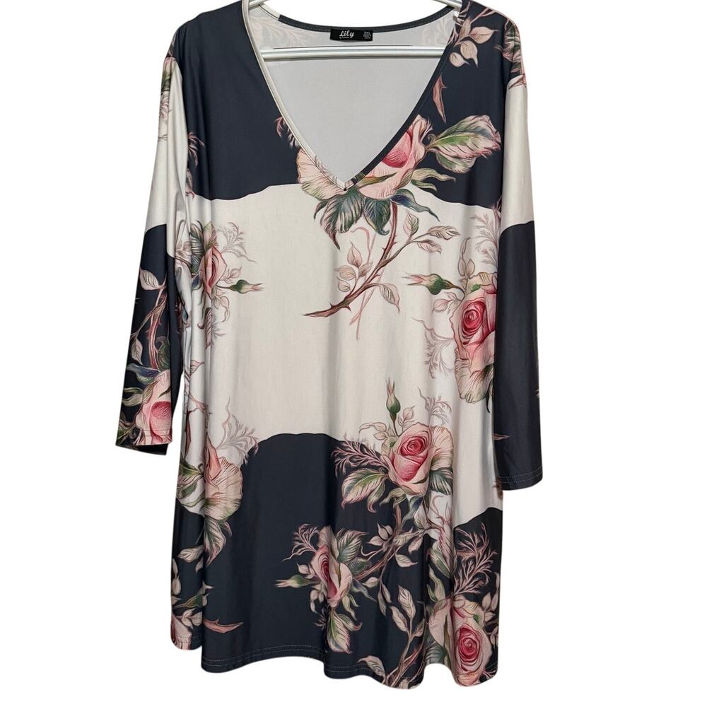 Lily by Firmiana Floral Gray Pink Green V-Neck Long Sleeve Tunic Size 3XL